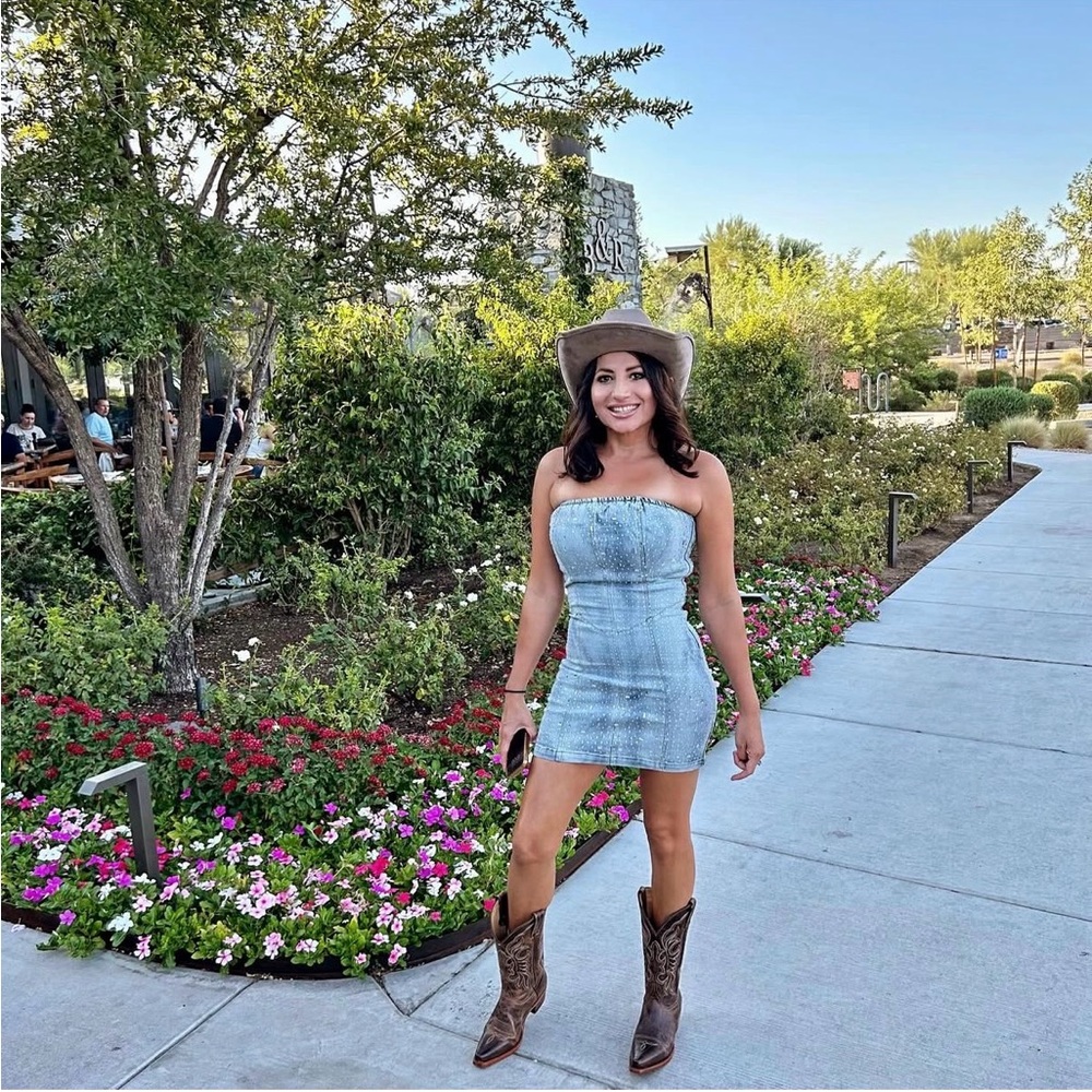 Denim Strapless embellished Mini Dress
